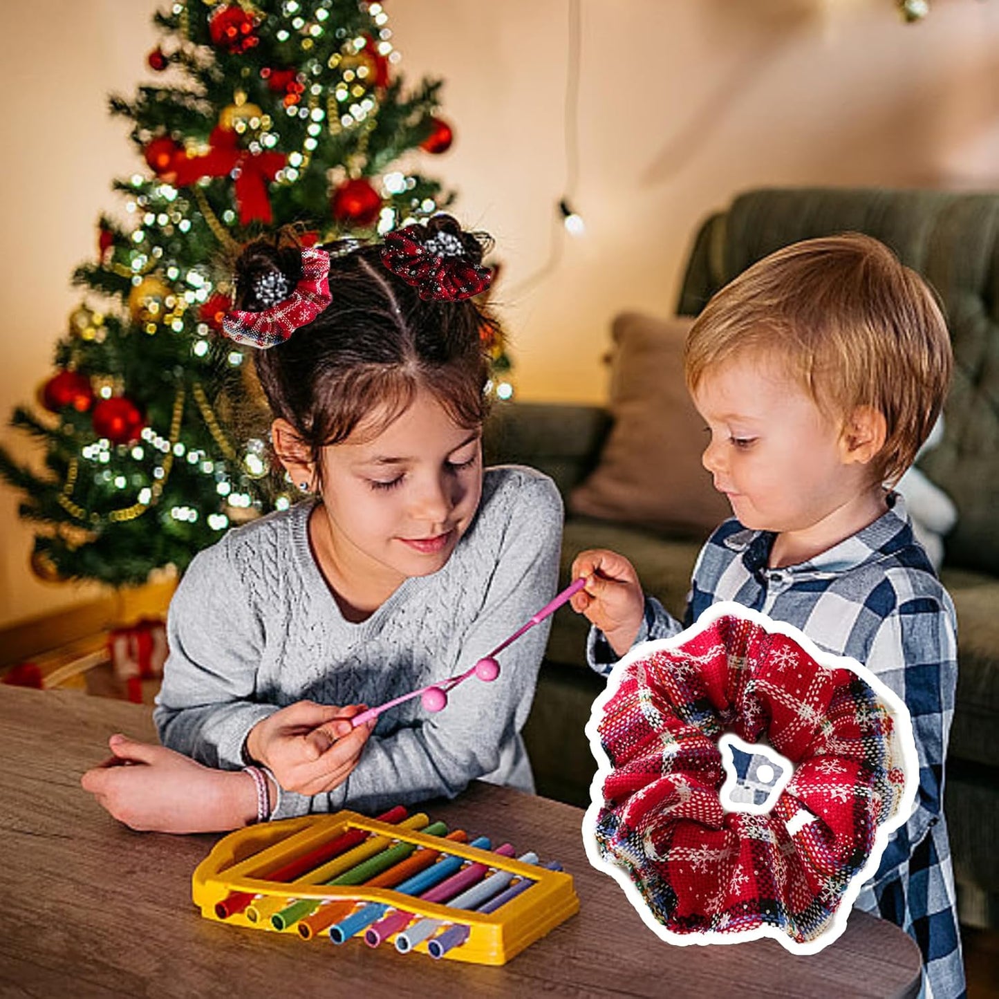 5Pcs Christmas Scrunchies Hair Accessories, Red Green Plaid Scrunchies Snowflake Hair Ties Ponytail Holders Elastic Hair Bands Chrismtas Party Dance Gym Hair Accessories for Women Girls