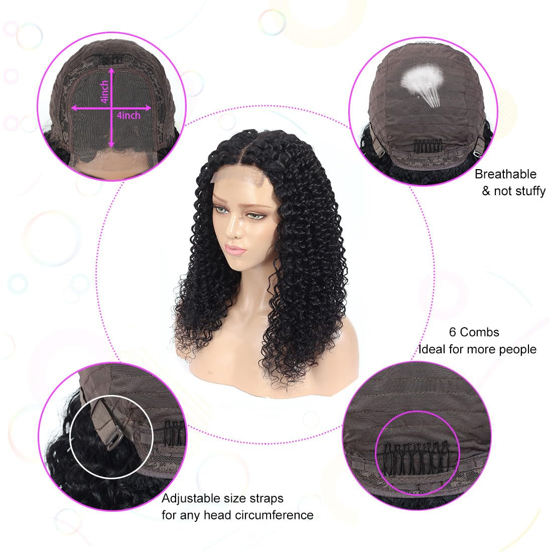 Curly Bob Wigs Human Hair Water Wave 4X4 Closure Glueless Wet and Wavy Lace Front Wigs Human Hair for Black Women with Baby Hair 180% Density Curly Human Hair Wigs Natural Color 24Inch