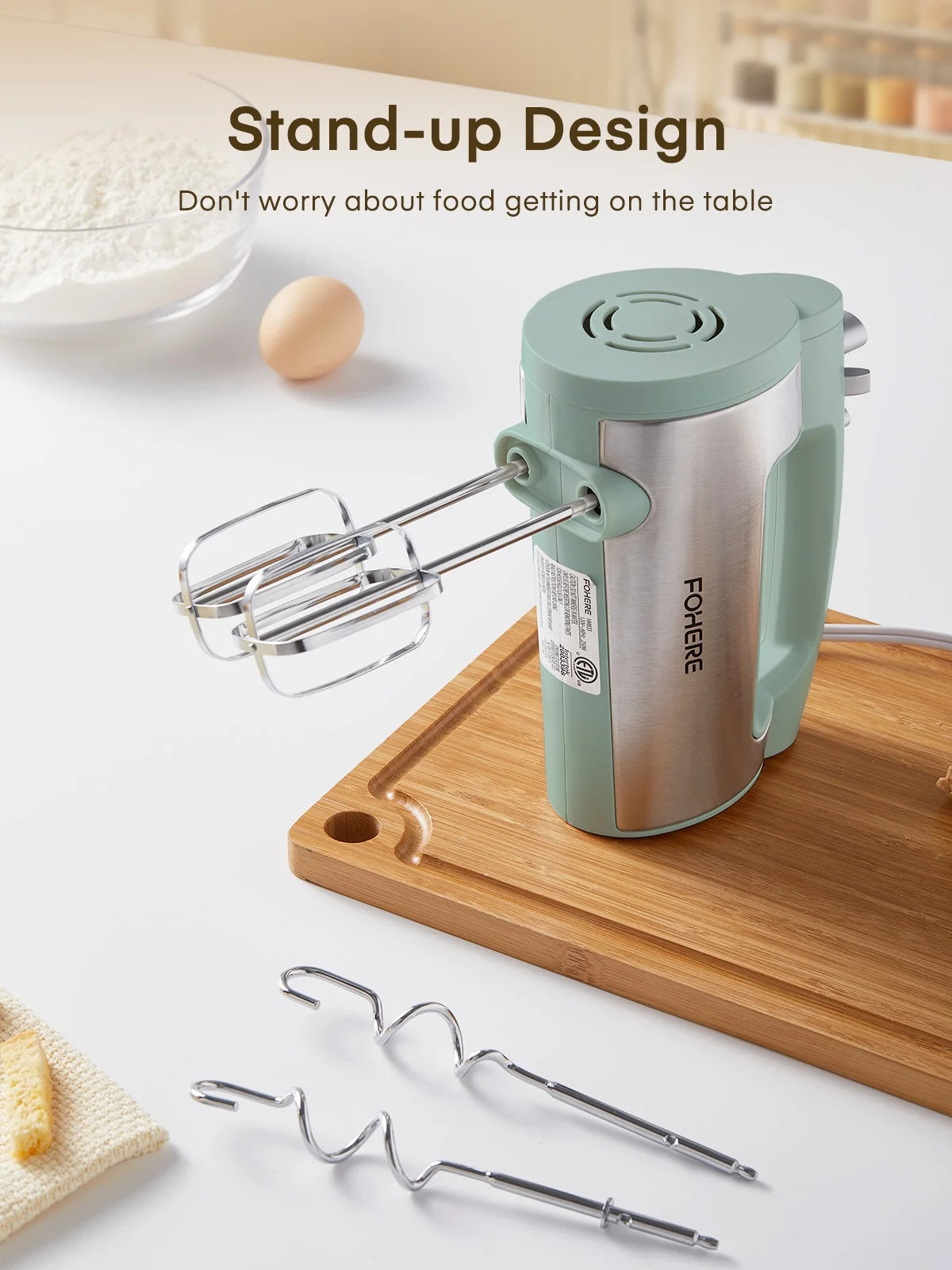 6 Speed Hand Mixer with Turbo Boost, Kitchen Hand Held Mixer Immersion Blender for Food Whipping, Includes 3 Attachments, Green