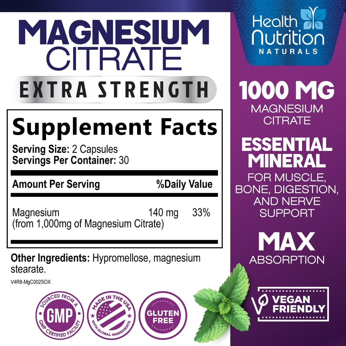 Magnesium Citrate Capsules 1000Mg - Max Absorption Magnesium Powder for Muscle, Nerve, Bone and Heart Health Support, High Absorption Citrate Complex, Gluten Free, Non-Gmo - 60 Capsules
