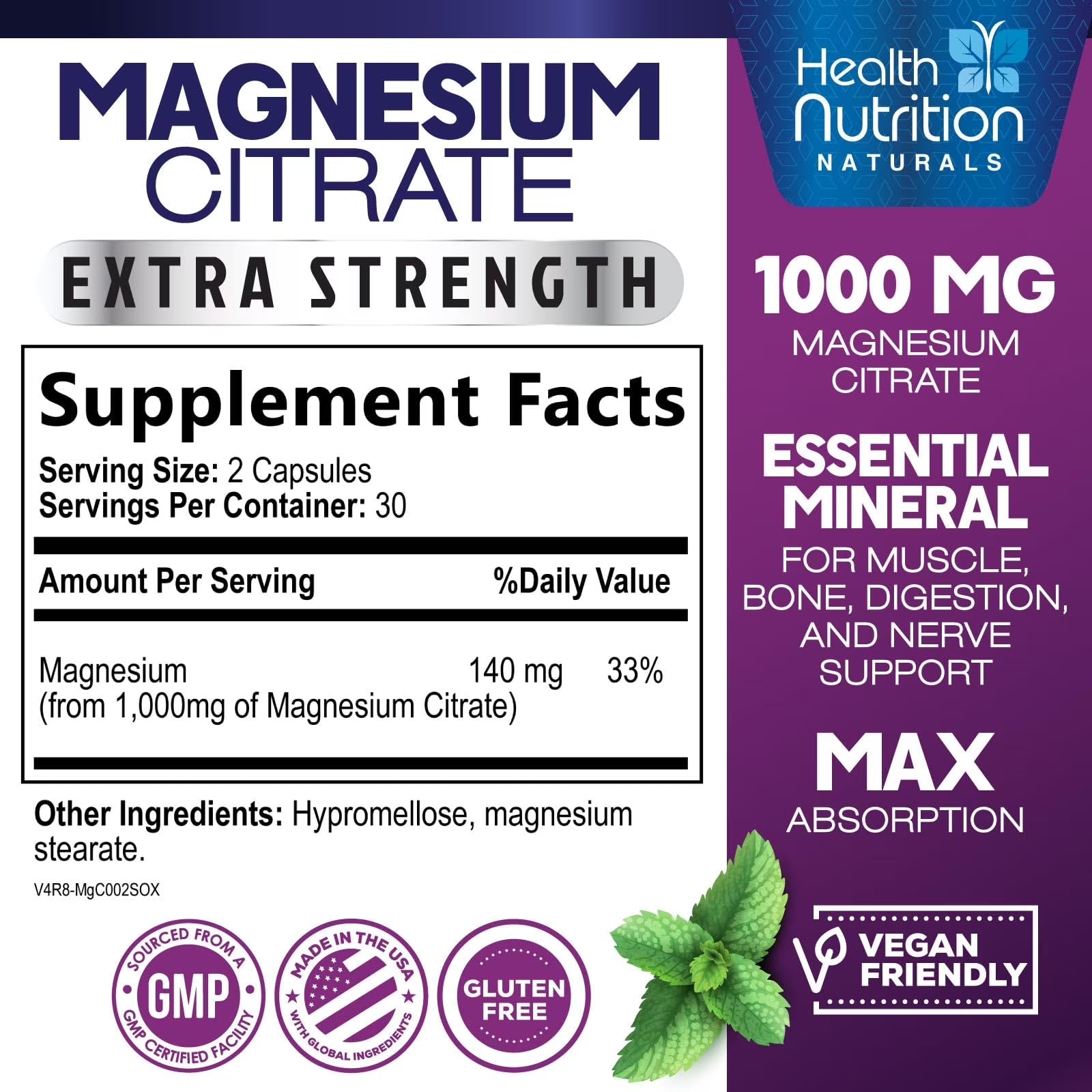 Magnesium Citrate Capsules 1000Mg - Max Absorption Magnesium Powder for Muscle, Nerve, Bone and Heart Health Support, High Absorption Citrate Complex, Gluten Free, Non-Gmo - 60 Capsules