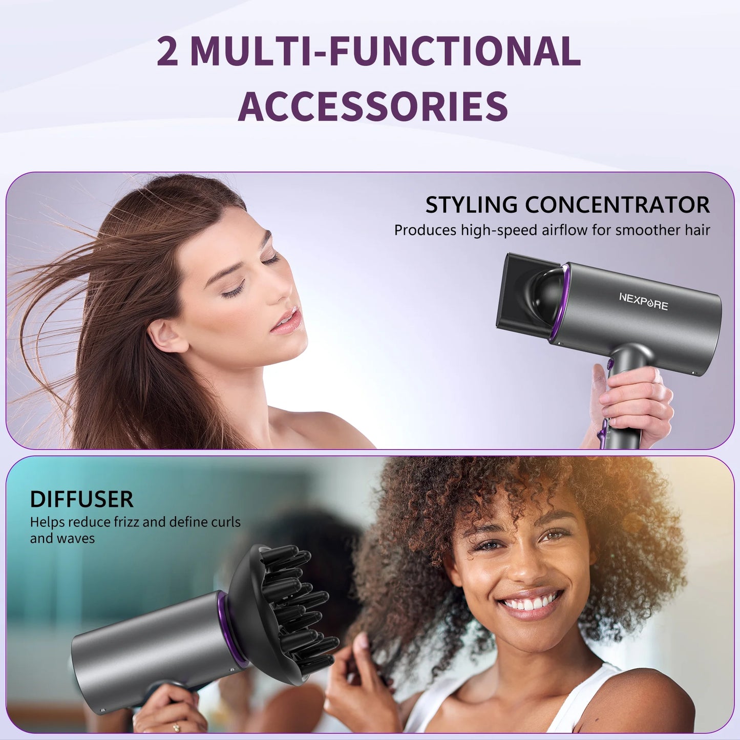 New Upgrade Professional Ionic Hair Dryer, 2000W Powerful Blow Dryer with Diffuser and Concentrator Attachments, Suitable for Home and Travel, Purple