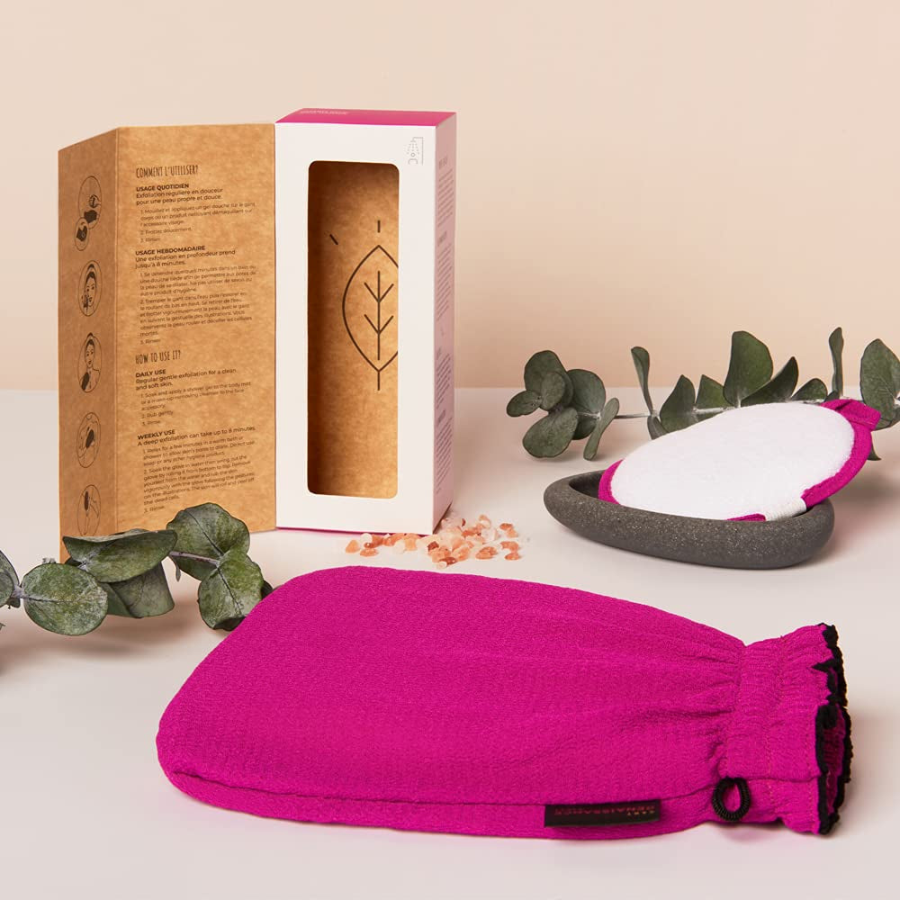 Renaissance Glove a Body Exfoliating Mitt with Face Scrubbing Accessory by Daniele Henkel – Vegan More Effective & Resistant than a Loofah, Brush or Scrub Sponge Bath -100% Natural (Royal Magenta)