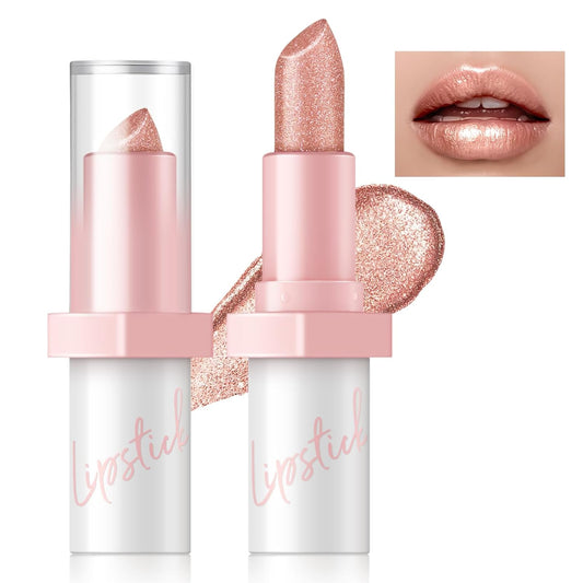 Metallic Champagne Glitter Lipstick for Women,Long Lasting High Shine Diamond Creamy Lipstick Transfer Proof, Shimmer Full Coverage Non Stick Cup Lightweight High Impact Lip Color Makeup#10