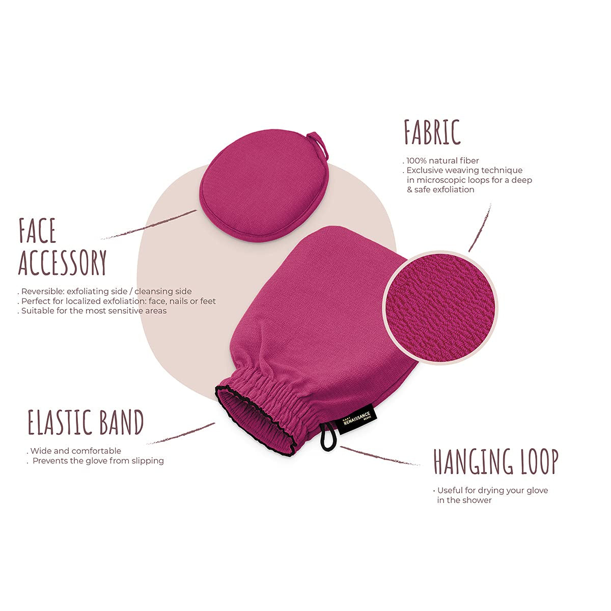 Renaissance Glove a Body Exfoliating Mitt with Face Scrubbing Accessory by Daniele Henkel – Vegan More Effective & Resistant than a Loofah, Brush or Scrub Sponge Bath -100% Natural (Royal Magenta)