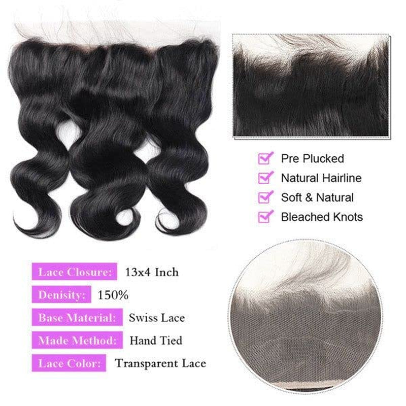 Body Wave Bundles with Frontal (16 18 20 +14 Inch) Human Hair Bundles with Lace Frontal 13X4 Brazilian Virgin Hair 10A Grade Body Wave Human Hair 3 Bundles with Frontal 150% Density Natural Color