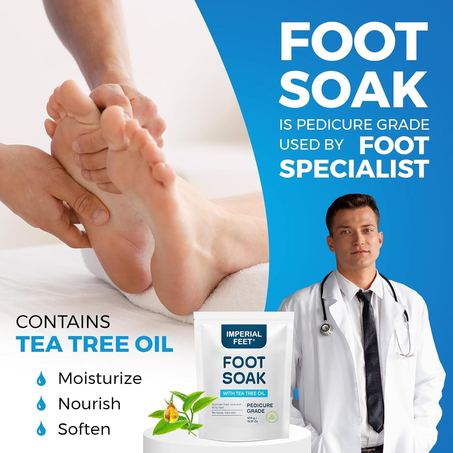 Epsom Salt Foot Soak W Tea Tree for Foot Bath (PEDICURE GRADE) - Toenail Repair, and Fungus Athletes Foot, Softens Calluses, Tired Feet, Nail Discoloration Foot Soak Salts, Smelly Foot Therapy16Oz