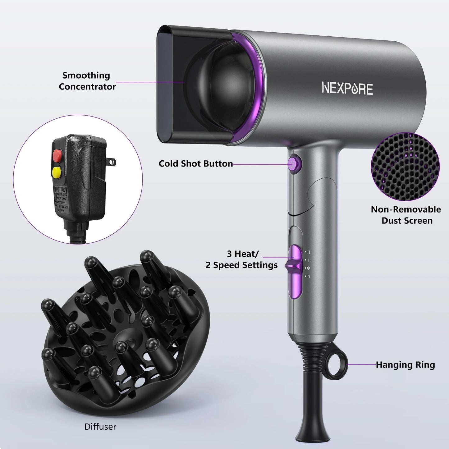 New Upgrade Professional Ionic Hair Dryer, 2000W Powerful Blow Dryer with Diffuser and Concentrator Attachments, Suitable for Home and Travel, Purple