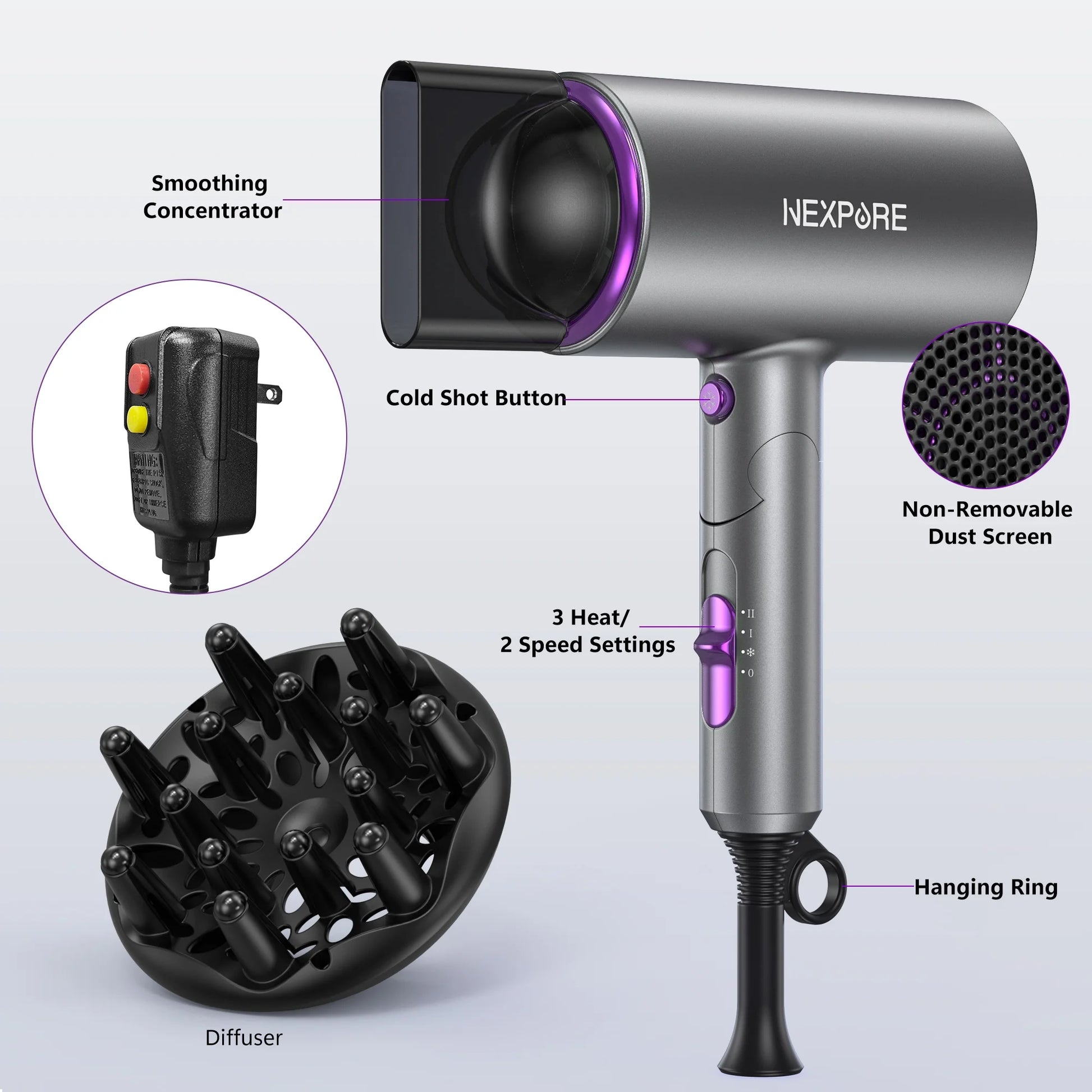 New Upgrade Professional Ionic Hair Dryer, 2000W Powerful Blow Dryer with Diffuser and Concentrator Attachments, Suitable for Home and Travel, Purple