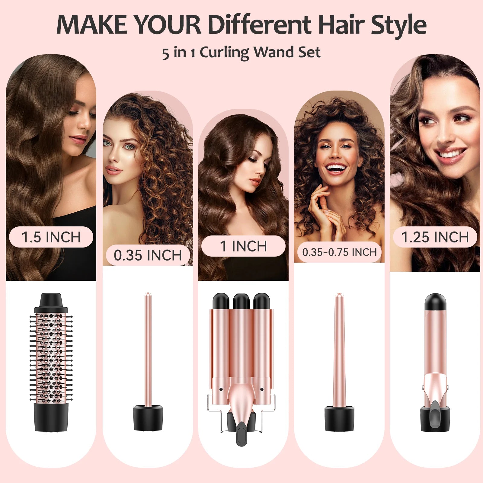 5 in 1 Curling Iron,  3 Barrel Hair Crimper Set with Curling Brush and 4 Interchangeable Ceramic Curling Wand(0.35"-1.25")