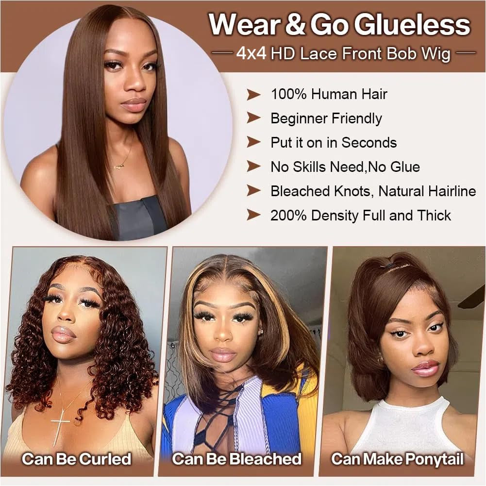 4X4 Straight Bob Wig Human Hair Chocolate Brown Hd Lace Closure Wigs Human Hair Gluless 100% Remy Human Hair for Women Transparent Lace Wig 14 Inch