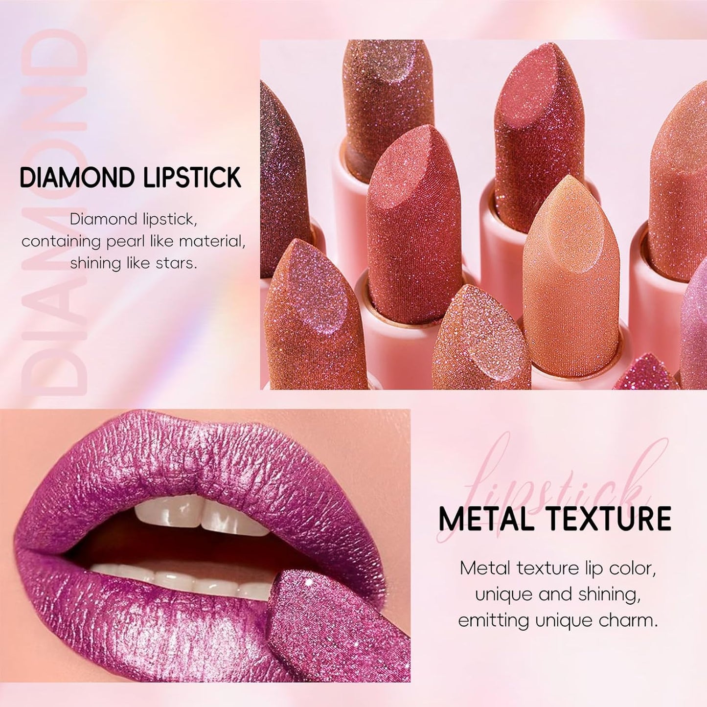 Metallic Hot Pink Lipstick Long Lasting, High Shine Glitter Diamond Creamy Lipstick Transfer Proof, Shimmer High Impact Lip Color Full Coverage Non Stick Cup Lightweight Lip Makeup#22