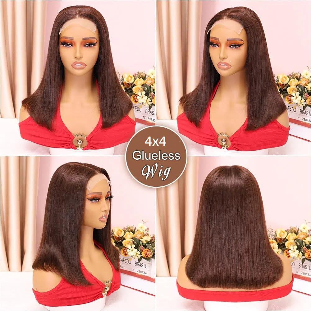 4X4 Straight Bob Wig Human Hair Chocolate Brown Hd Lace Closure Wigs Human Hair Gluless 100% Remy Human Hair for Women Transparent Lace Wig 14 Inch