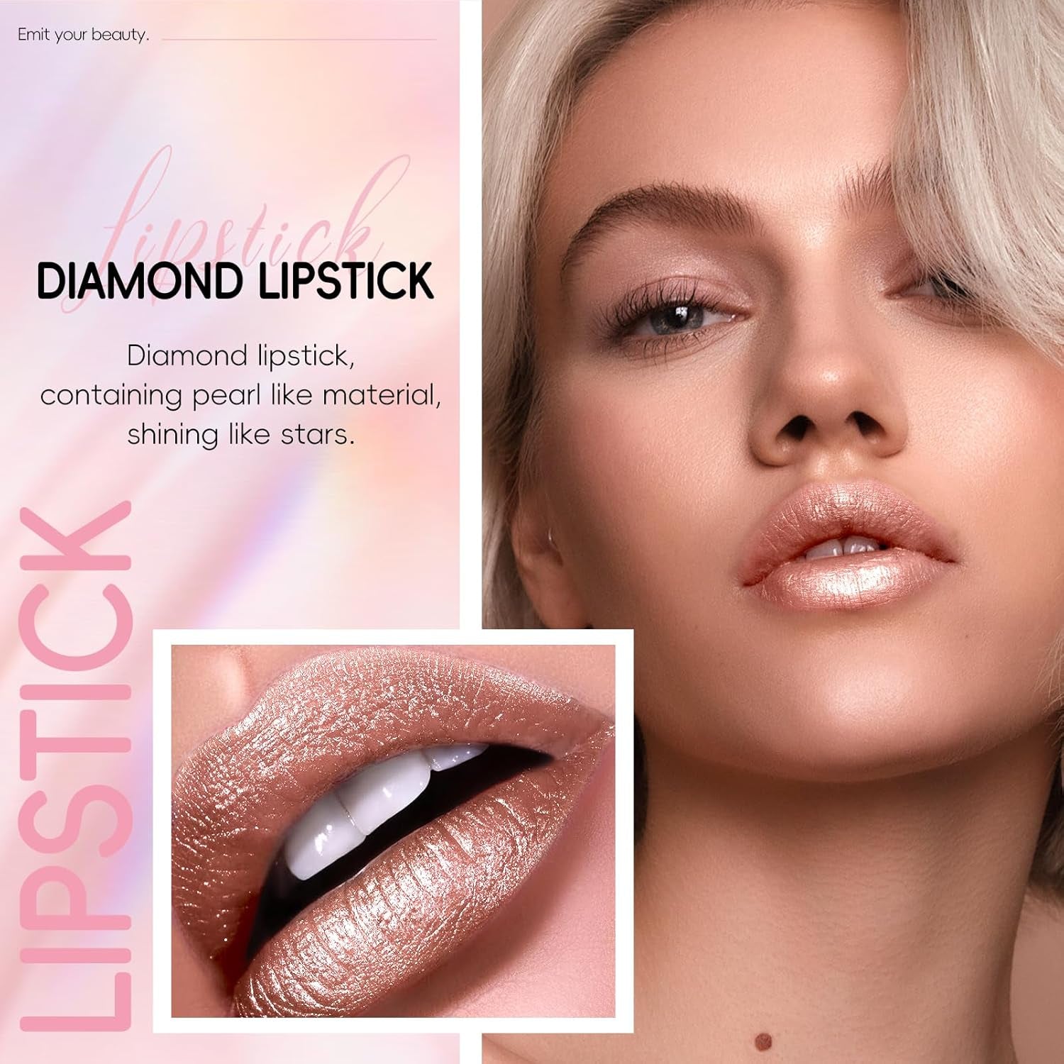 Metallic Champagne Glitter Lipstick for Women,Long Lasting High Shine Diamond Creamy Lipstick Transfer Proof, Shimmer Full Coverage Non Stick Cup Lightweight High Impact Lip Color Makeup#10