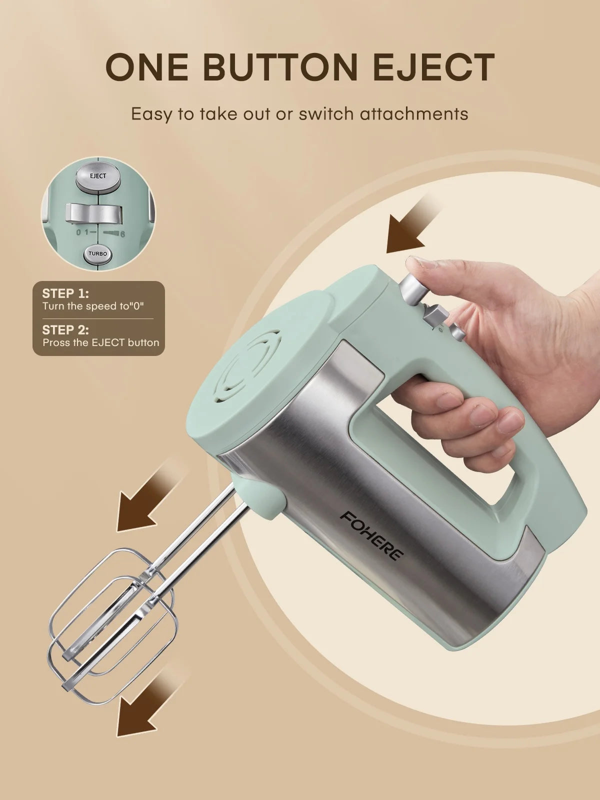 6 Speed Hand Mixer with Turbo Boost, Kitchen Hand Held Mixer Immersion Blender for Food Whipping, Includes 3 Attachments, Green