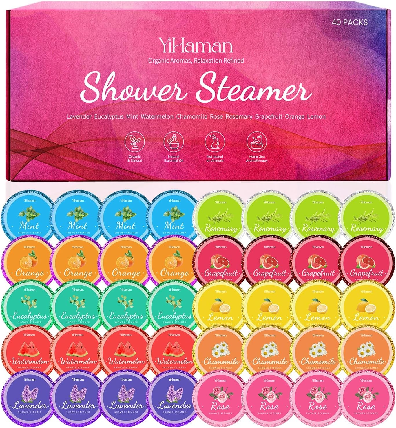 40PCS Shower Steamers Aromatherapy for Women or Men, 10 Scents Organic Shower Bombs, Relaxation with Organic Essential Oils, Birthday Self Care Gift for Women 1 Set