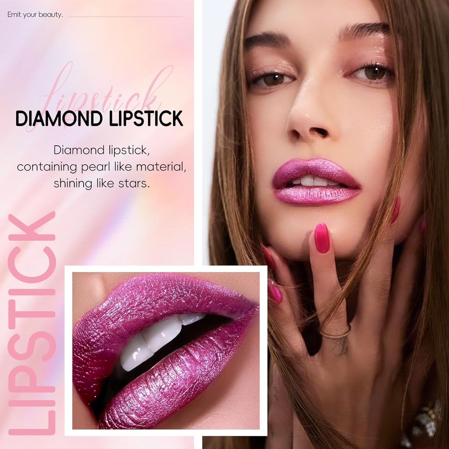 Metallic Hot Pink Lipstick Long Lasting, High Shine Glitter Diamond Creamy Lipstick Transfer Proof, Shimmer High Impact Lip Color Full Coverage Non Stick Cup Lightweight Lip Makeup#22