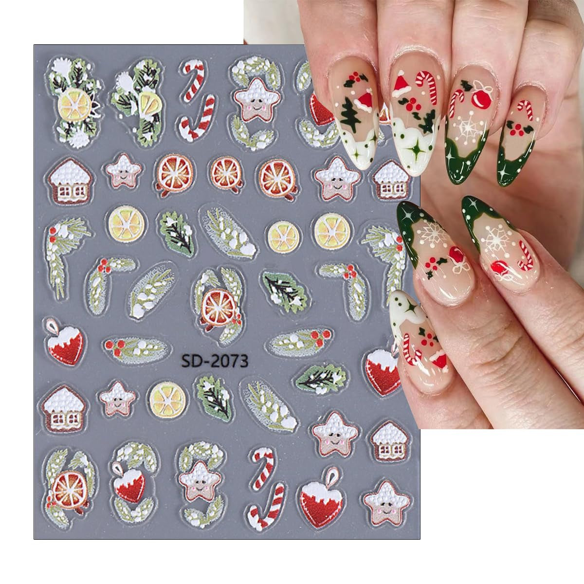 6Sheets Christmas Nail Art Stickers 3D Self Adhesive Nail Decals Pink Christmas Tree Holly Snowflake Christmas Wreath Designs New Year Xmas Holiday Nail Supplies for Women DIY Manicure Decoration