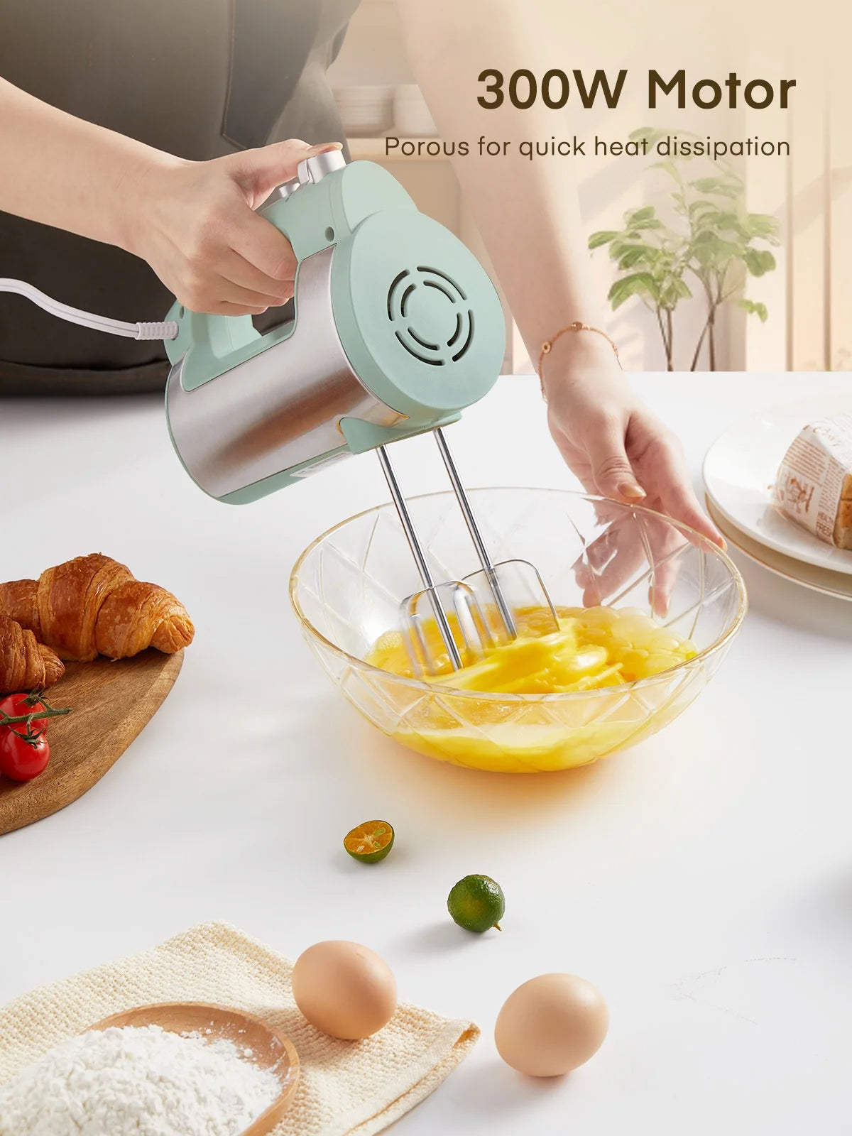 6 Speed Hand Mixer with Turbo Boost, Kitchen Hand Held Mixer Immersion Blender for Food Whipping, Includes 3 Attachments, Green