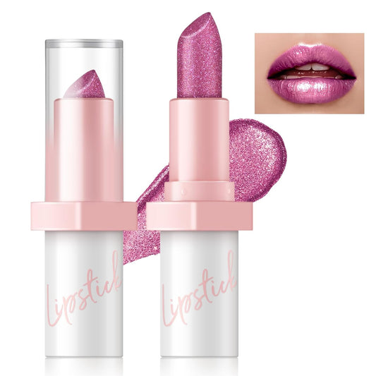 Metallic Hot Pink Lipstick Long Lasting, High Shine Glitter Diamond Creamy Lipstick Transfer Proof, Shimmer High Impact Lip Color Full Coverage Non Stick Cup Lightweight Lip Makeup#22