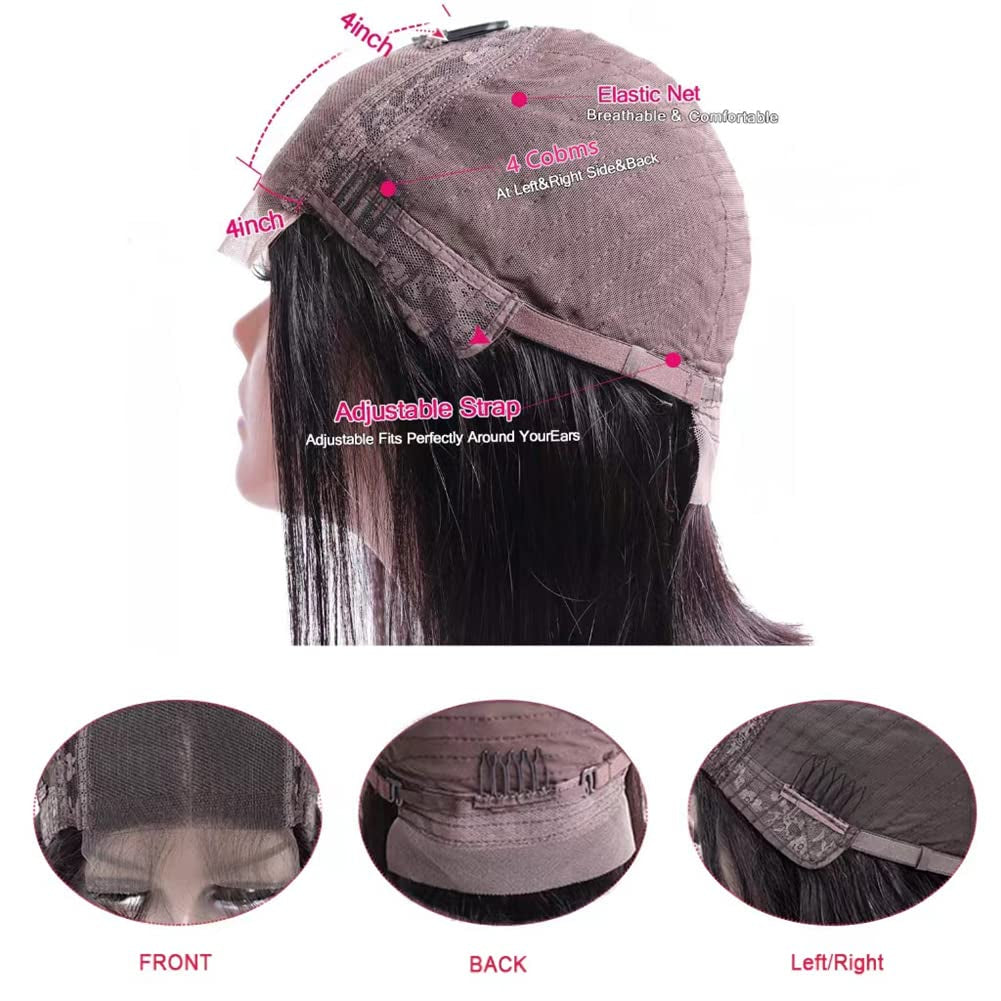 4X4 Bob Closure Wigs Human Hair 180% Density Glueless HD Lace Straight Bob Wigs Pre Plucked Natural Hairline Unprocessed Brazilian Human Hair for Women 14 Inch