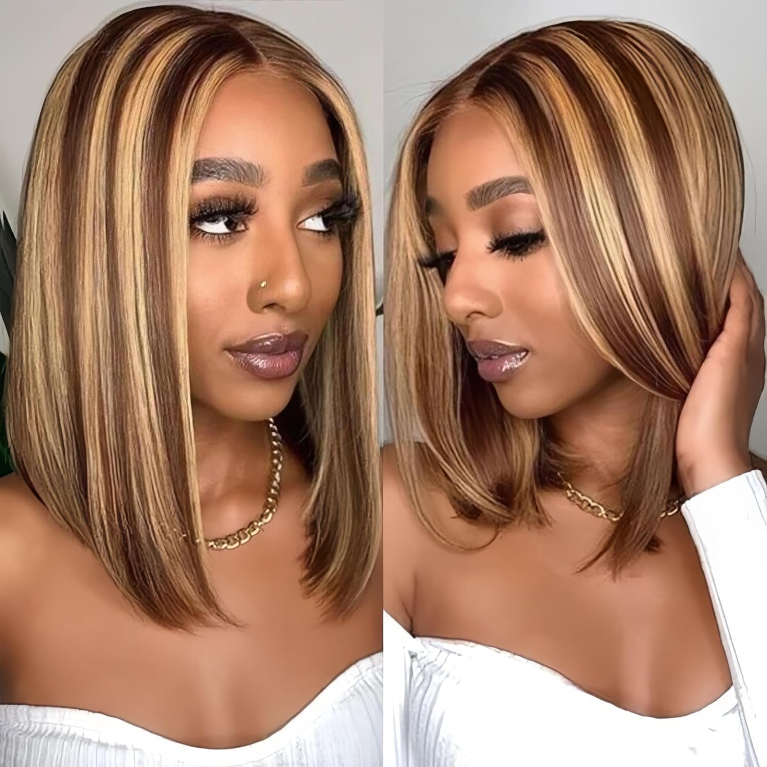 Bob Wig Human Hair Glueless Wigs Human Hair Pre Plucked Pre Cut Human Hair Wig Lace Front Wigs Human Hair 13X4 150% Density Highlight 14Inch Human Hair Wigs for Black Women
