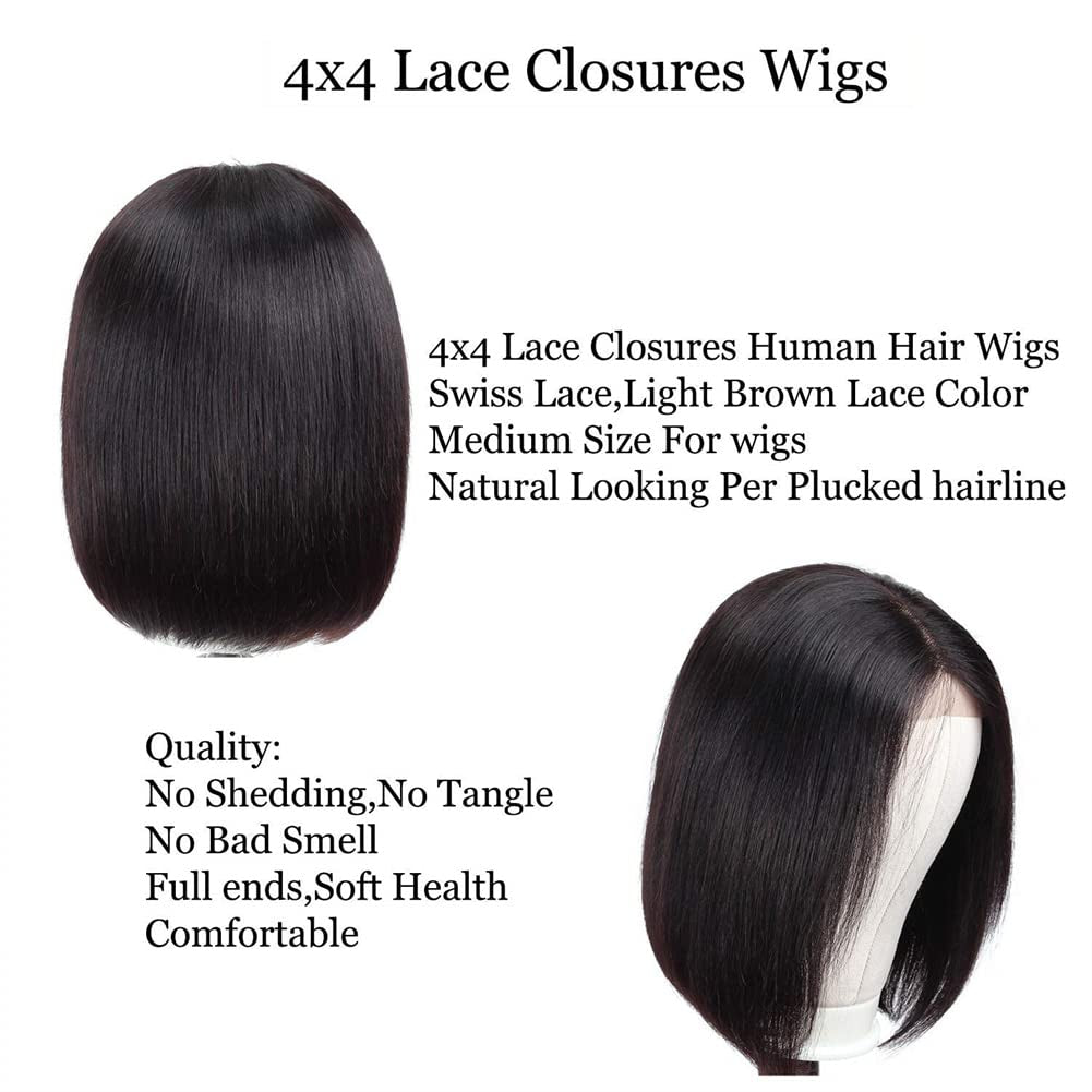 4X4 Bob Closure Wigs Human Hair 180% Density Glueless HD Lace Straight Bob Wigs Pre Plucked Natural Hairline Unprocessed Brazilian Human Hair for Women 14 Inch