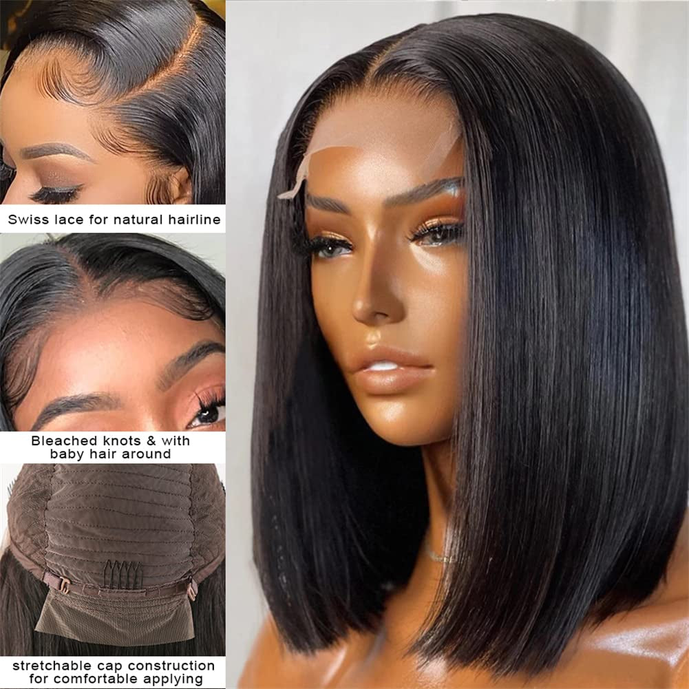 4X4 Bob Closure Wigs Human Hair 180% Density Glueless HD Lace Straight Bob Wigs Pre Plucked Natural Hairline Unprocessed Brazilian Human Hair for Women 14 Inch