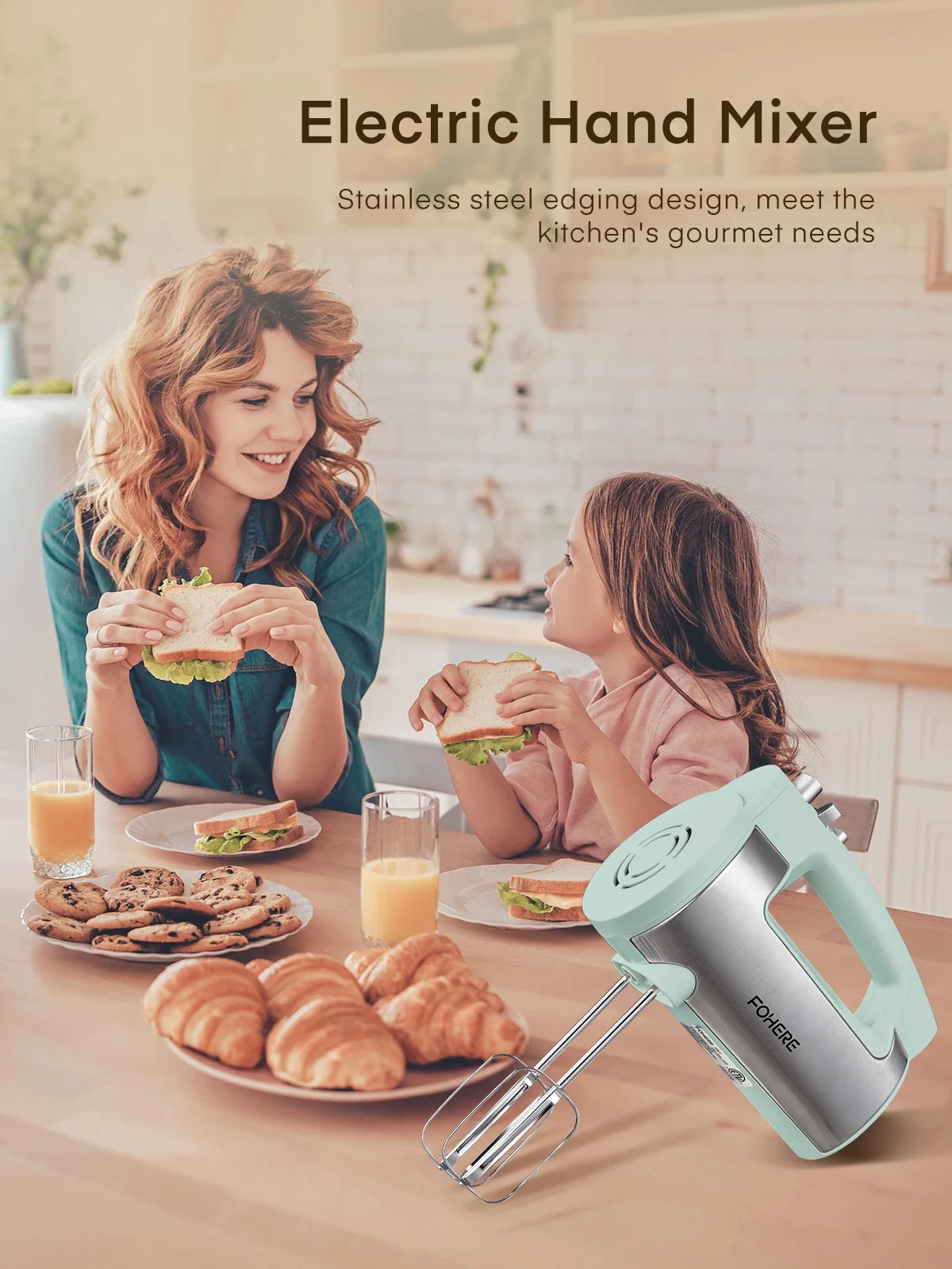 6 Speed Hand Mixer with Turbo Boost, Kitchen Hand Held Mixer Immersion Blender for Food Whipping, Includes 3 Attachments, Green