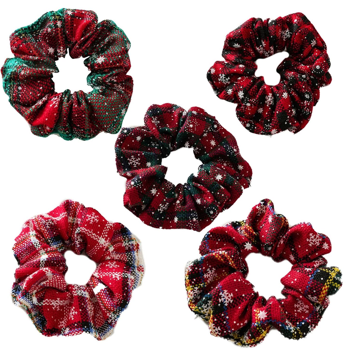 5Pcs Christmas Scrunchies Hair Accessories, Red Green Plaid Scrunchies Snowflake Hair Ties Ponytail Holders Elastic Hair Bands Chrismtas Party Dance Gym Hair Accessories for Women Girls
