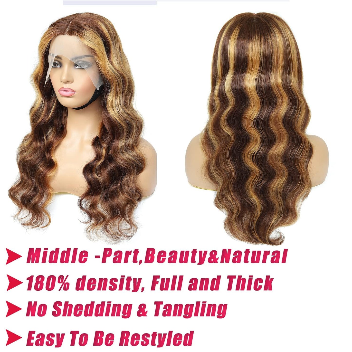 Body Wave Highlight Lace Front Wigs Human Hair 13X6 Hd T Lace Front Wigs Human Hair Pre Plucked 4/27 Colored 180% Density HD Honey Blond Wigs for Black Women Ombre Transparent Lace Wig ( 18 Inch)