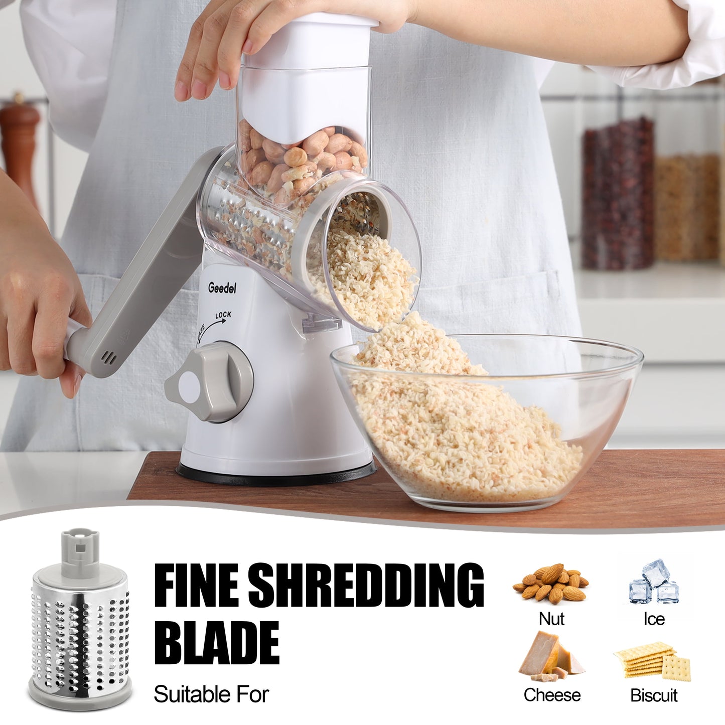 Rotary Cheese Grater, Kitchen Grater Vegetable Slicer with 3 Interchangeable Blades, Powerful Suction, Dishwasher Safe, Easy to Clean Grater for Vegetable, Fruit, Nuts