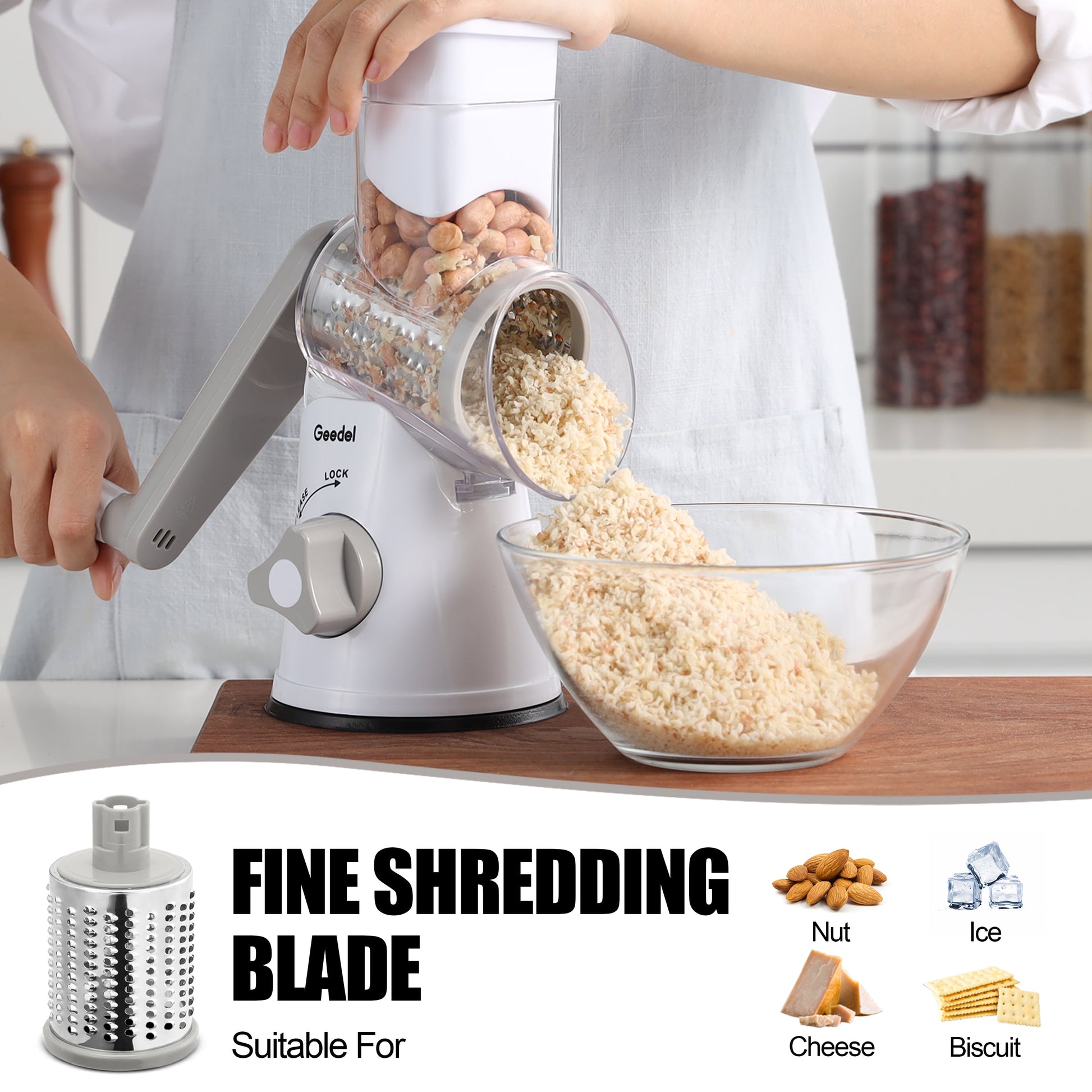 Rotary Cheese Grater, Kitchen Grater Vegetable Slicer with 3 Interchangeable Blades, Powerful Suction, Dishwasher Safe, Easy to Clean Grater for Vegetable, Fruit, Nuts