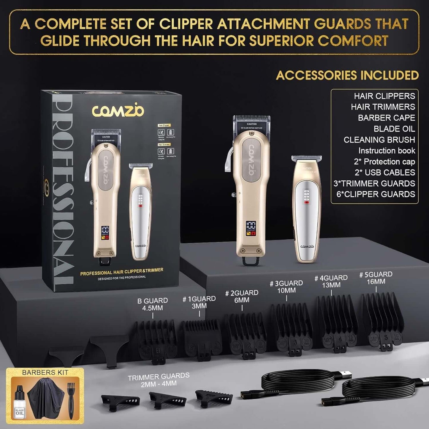 Professional Hair Clippers for Men,Professional Barber Clippers and Trimmer Set,Mens Cordless Hair Clippers for Barbers Haircut,Mens Grooming Kit Fade with LED Display 9 Guide Combs,Mens Gifts