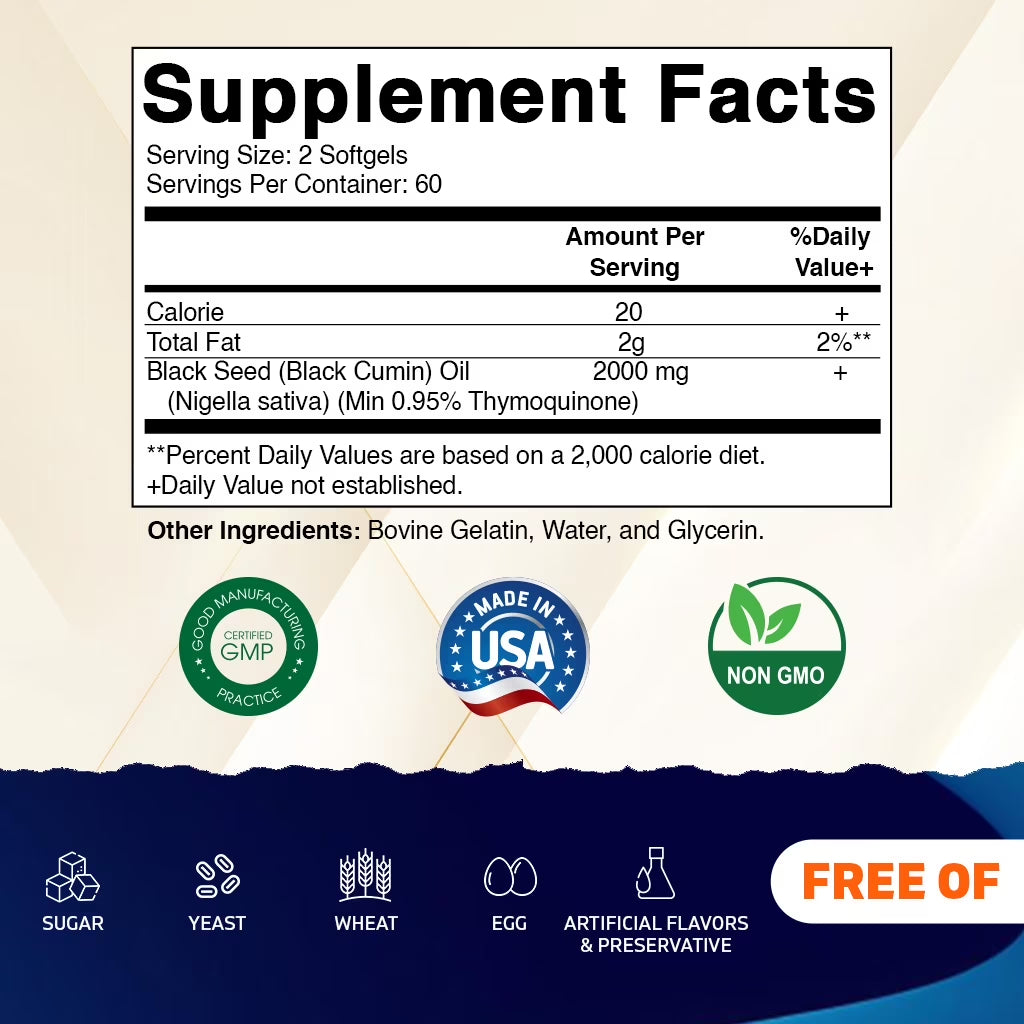 Black Seed Oil Capsules - 2000 Mg per Serving - 120 Softgels - Colde Pressed - Contains Min 0.95% Thymoquinone - Supports Healthy Immune Response - Made in the USA
